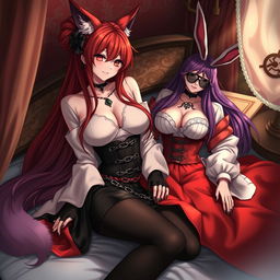 An intimate and enchanting scene featuring a sexy gothic anime girl depicted as a Kitsune, showcasing long, sultry red hair that flows down to her lower back, elegantly styled into a chic bun