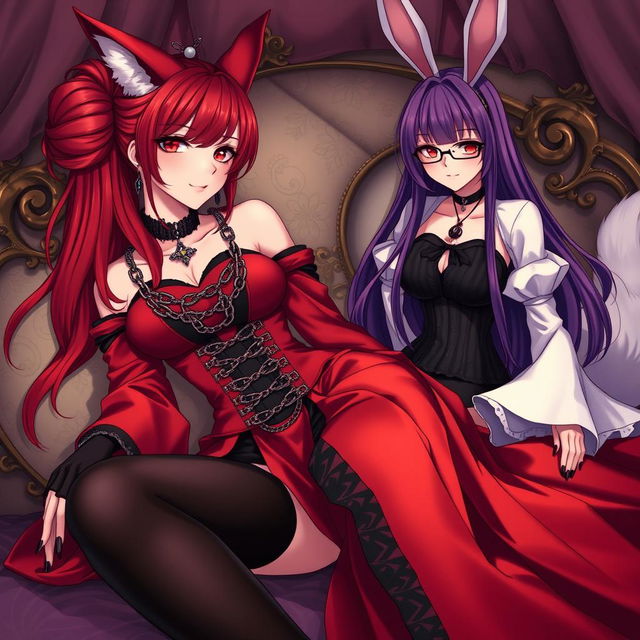 An intimate and enchanting scene featuring a sexy gothic anime girl depicted as a Kitsune, showcasing long, sultry red hair that flows down to her lower back, elegantly styled into a chic bun