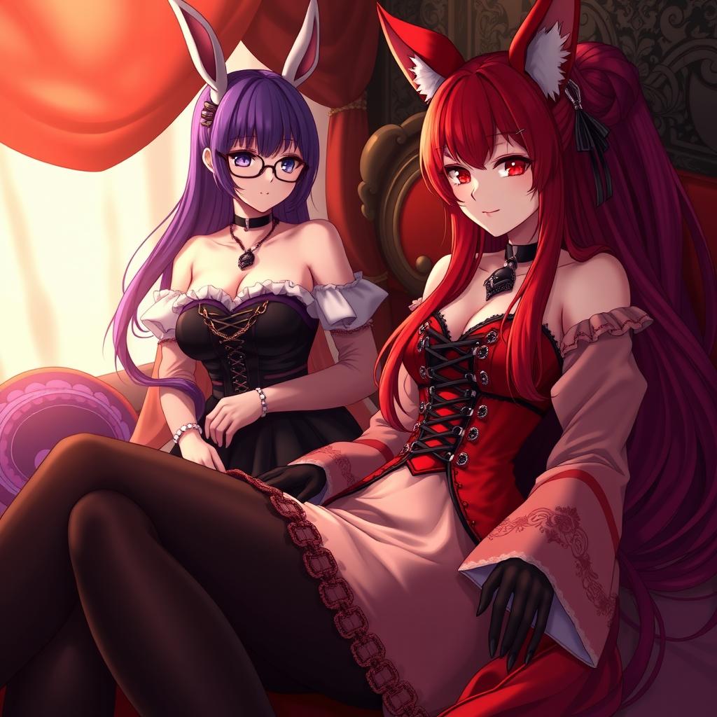 An intimate and enchanting scene featuring a sexy gothic anime girl depicted as a Kitsune, showcasing long, sultry red hair that flows down to her lower back, elegantly styled into a chic bun