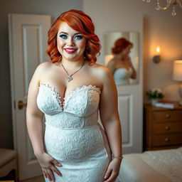 A full-length photograph of a curvy 19-year-old girl with vibrant red hair styled elegantly