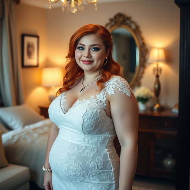 A full-length photograph of a curvy 19-year-old girl with vibrant red hair styled elegantly