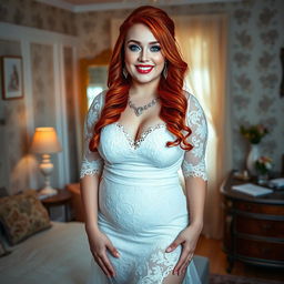 A full-length photograph of a curvy 19-year-old girl with vibrant red hair styled elegantly