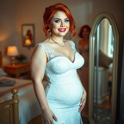 A full-length photograph of a curvy 19-year-old girl with vibrant red hair styled elegantly