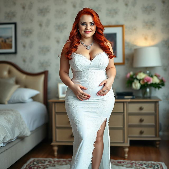 A full-length photograph of a curvy 19-year-old girl with vibrant red hair styled elegantly