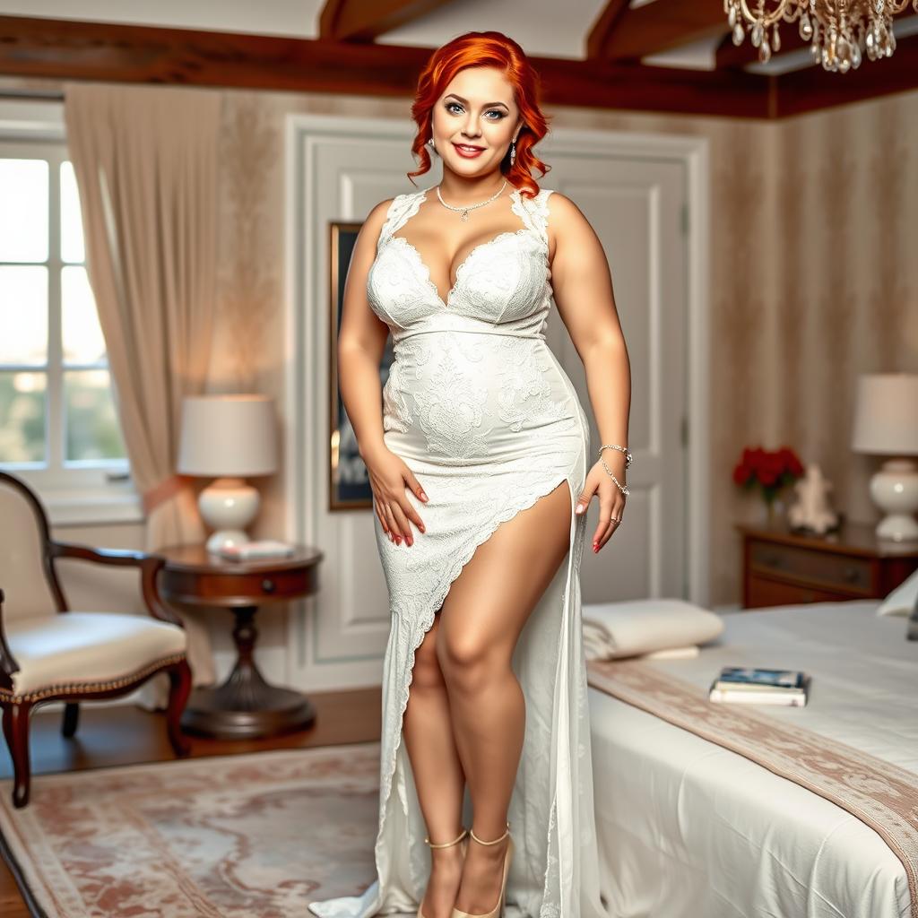 A full-length photograph of a curvy 19-year-old girl with striking red hair styled elegantly