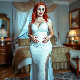 A full-length photograph of a curvy 19-year-old girl with striking red hair styled elegantly