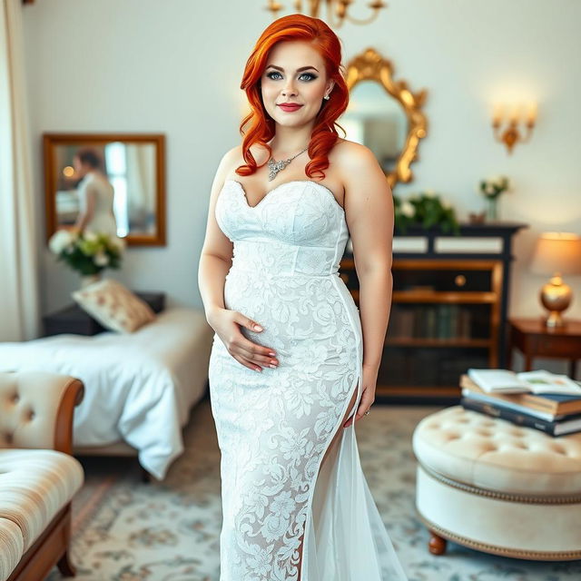 A full-length photograph of a curvy 19-year-old girl with striking red hair styled elegantly