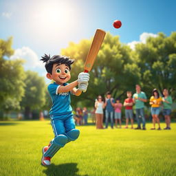 A vibrant scene depicting a character named Meesi playing cricket energetically in a lush green park