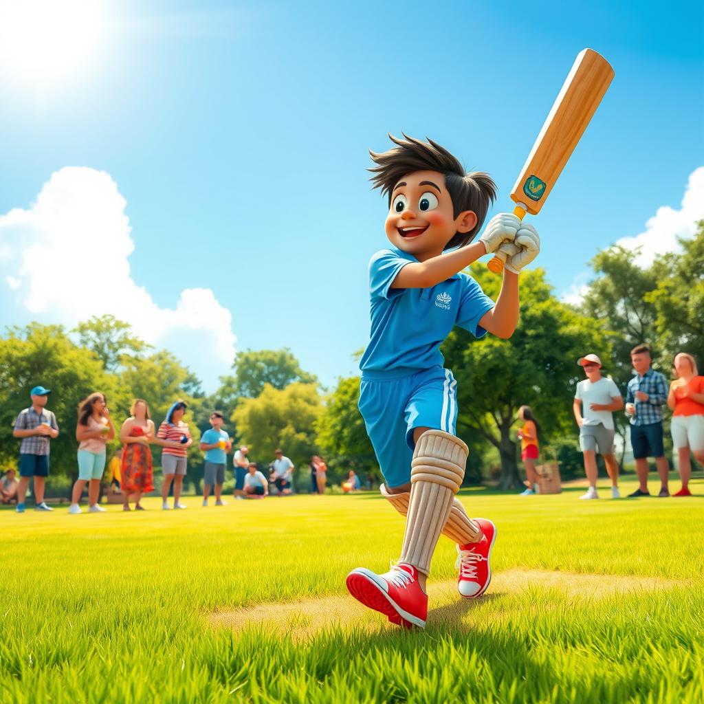 A vibrant scene depicting a character named Meesi playing cricket energetically in a lush green park