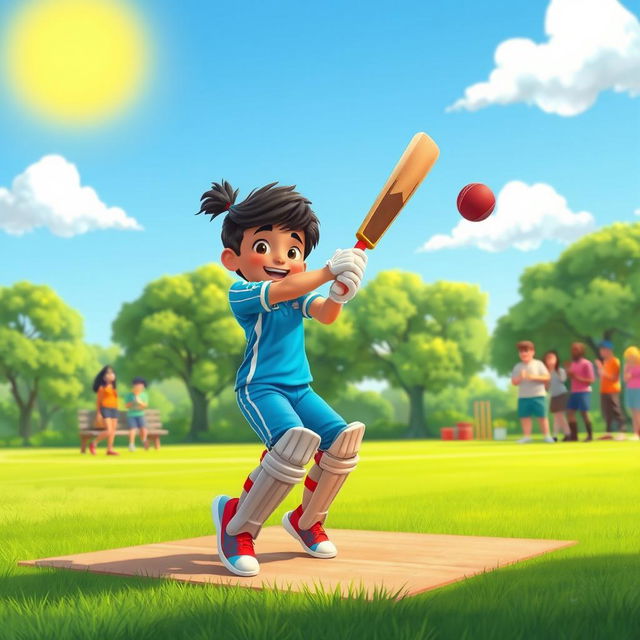 A vibrant scene depicting a character named Meesi playing cricket energetically in a lush green park