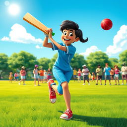 A vibrant scene depicting a character named Meesi playing cricket energetically in a lush green park