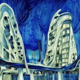 A Vincent Van Gogh inspired cityscape painting featuring Zaha Hadid architectural elements