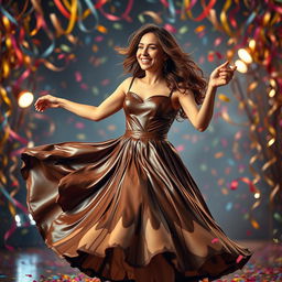 A whimsical scene of a joyful woman dancing gracefully in a lavish, flowing chocolate dress that looks rich and delicious