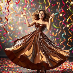 A whimsical scene of a joyful woman dancing gracefully in a lavish, flowing chocolate dress that looks rich and delicious