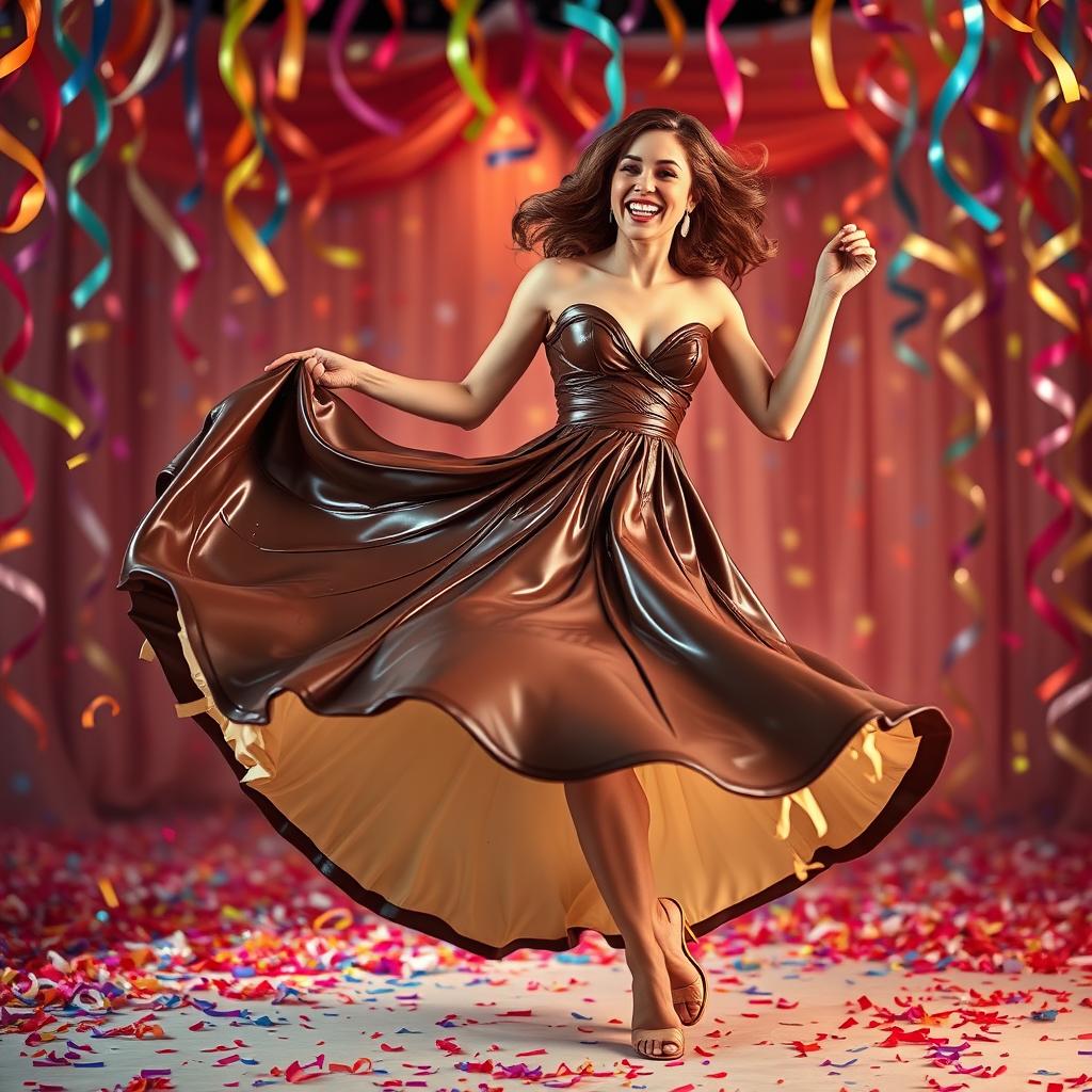 A whimsical scene of a joyful woman dancing gracefully in a lavish, flowing chocolate dress that looks rich and delicious