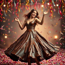 A whimsical scene of a joyful woman dancing gracefully in a lavish, flowing chocolate dress that looks rich and delicious