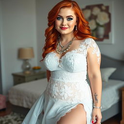 A full-length photograph of a curvy 19-year-old girl with striking red hair, soft facial features, and a charming half-smile