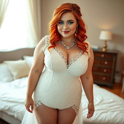 A full-length photograph of a curvy 19-year-old girl with striking red hair, soft facial features, and a charming half-smile