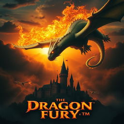 A dramatic movie poster showcasing a magnificent fire-breathing dragon soaring above a fantastical landscape at sunset