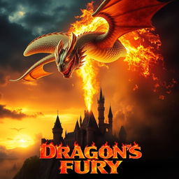 A dramatic movie poster showcasing a magnificent fire-breathing dragon soaring above a fantastical landscape at sunset