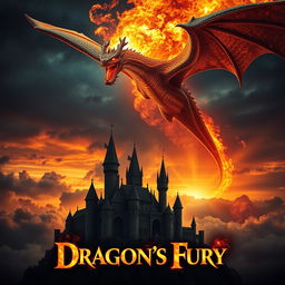 A dramatic movie poster showcasing a magnificent fire-breathing dragon soaring above a fantastical landscape at sunset