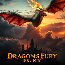 A dramatic movie poster showcasing a magnificent fire-breathing dragon soaring above a fantastical landscape at sunset