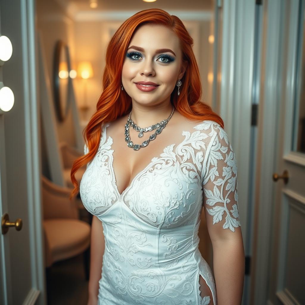 A full-length photograph of a curvy 19-year-old girl with striking red hair, soft facial features, and a captivating half-smile