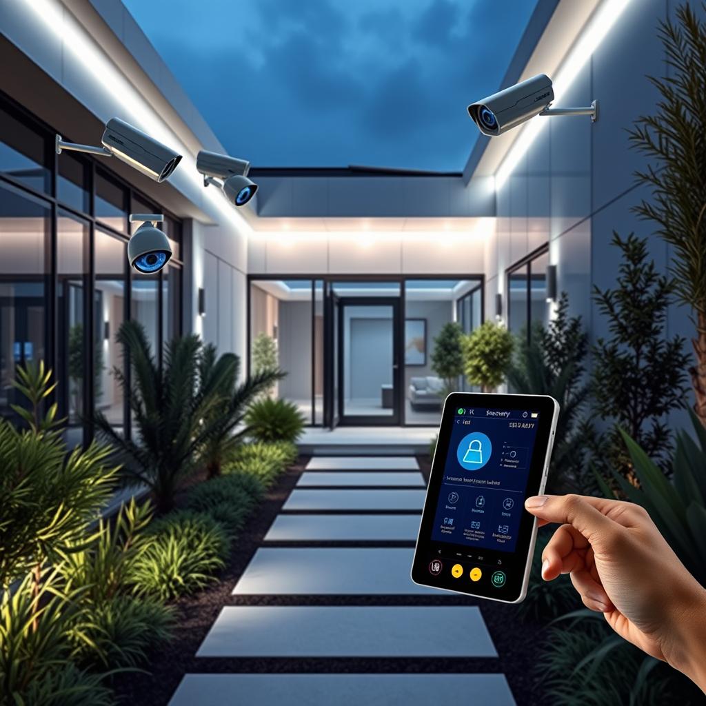 A modern security system in a sleek, futuristic home environment