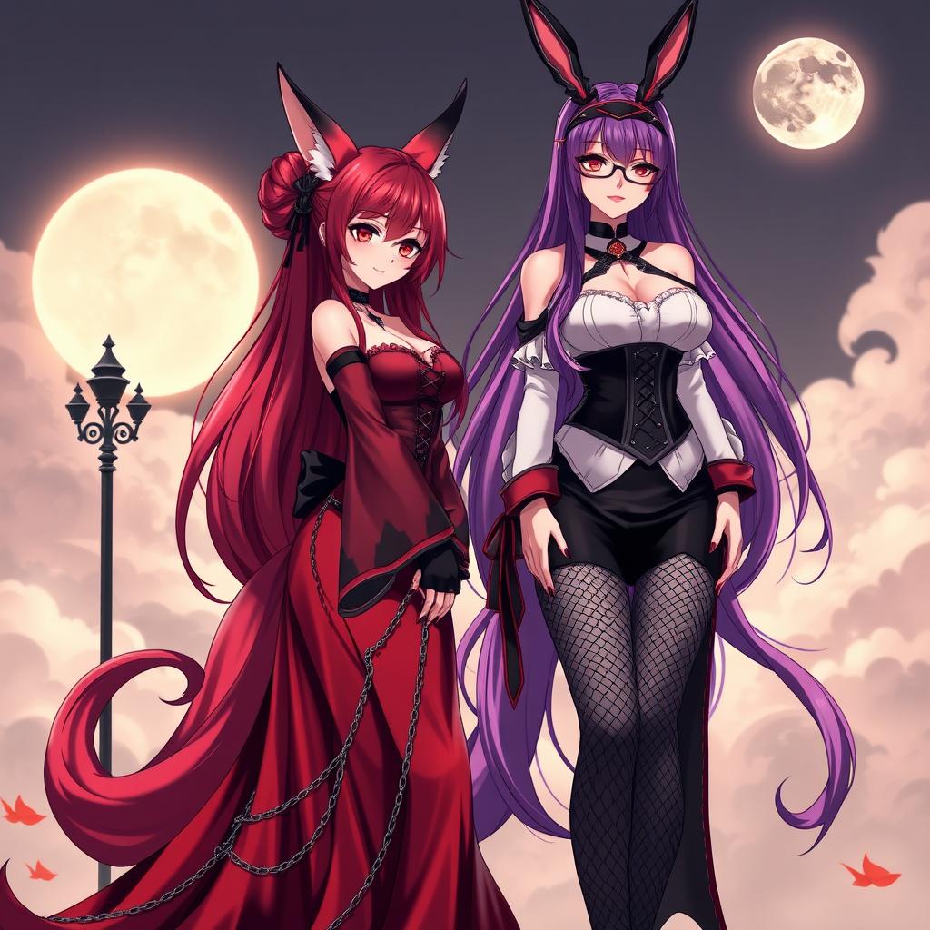 A captivating scene featuring a sexy gothic anime girl Kitsune with long, silky red hair that cascades down her back, styled with an elegant bun