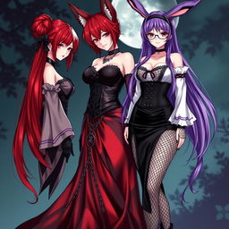 A captivating scene featuring a sexy gothic anime girl Kitsune with long, silky red hair that cascades down her back, styled with an elegant bun