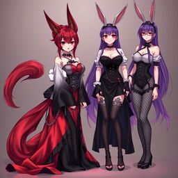 A captivating scene featuring a sexy gothic anime girl Kitsune with long, silky red hair that cascades down her back, styled with an elegant bun