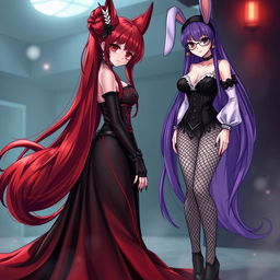 A captivating scene featuring a sexy gothic anime girl Kitsune with long, silky red hair that cascades down her back, styled with an elegant bun