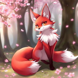 A stunning 2D anime illustration of a red and white Nine-tailed fox, featuring nine elegant, flowing tails
