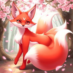 A stunning 2D anime illustration of a red and white Nine-tailed fox, featuring nine elegant, flowing tails