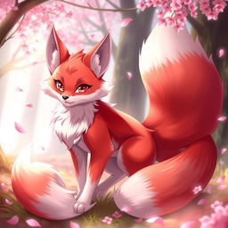 A stunning 2D anime illustration of a red and white Nine-tailed fox, featuring nine elegant, flowing tails