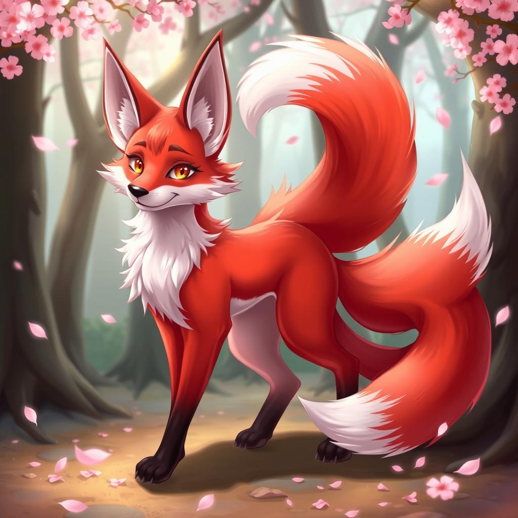 A stunning 2D anime illustration of a red and white Nine-tailed fox, featuring nine elegant, flowing tails
