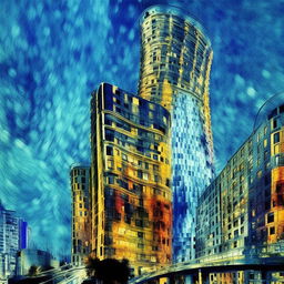 A Vincent Van Gogh inspired cityscape painting featuring Zaha Hadid architectural elements