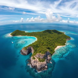 A breathtaking aerial view of Snake Island, surrounded by crystal clear turquoise waters and lush green vegetation