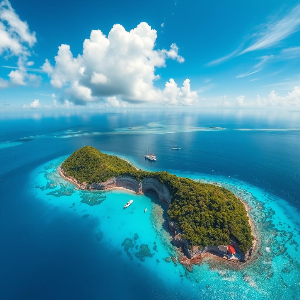 A breathtaking aerial view of Snake Island, surrounded by crystal clear turquoise waters and lush green vegetation