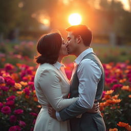 A romantic scene capturing two consenting adults engaged in a passionate kiss, under a soft, glowing sunset