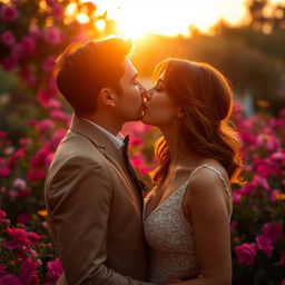 A romantic scene capturing two consenting adults engaged in a passionate kiss, under a soft, glowing sunset