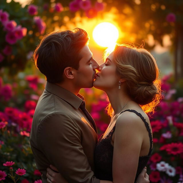 A romantic scene capturing two consenting adults engaged in a passionate kiss, under a soft, glowing sunset