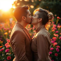 A romantic scene capturing two consenting adults engaged in a passionate kiss, under a soft, glowing sunset