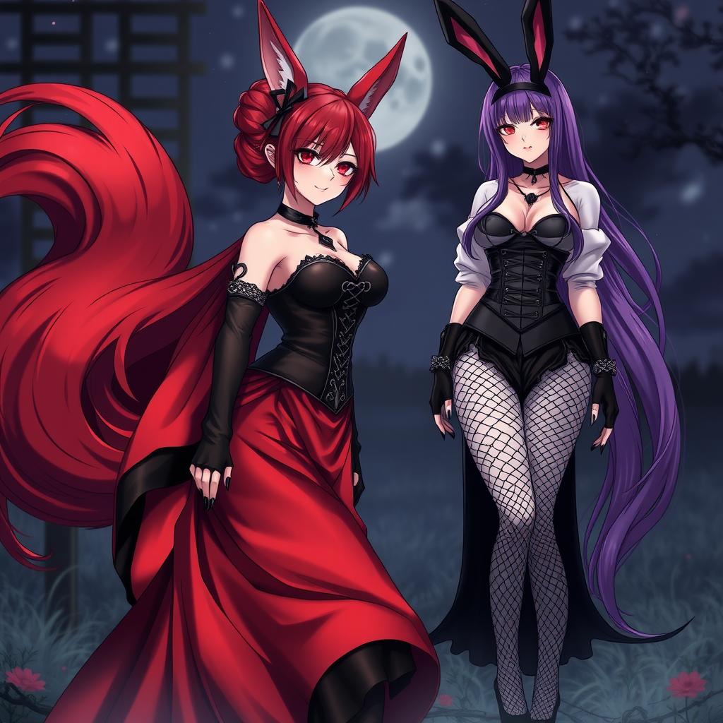 A mesmerizing scene featuring a sexy gothic anime girl Kitsune with long, luxurious red hair that flows down her back, styled with an elegant bun