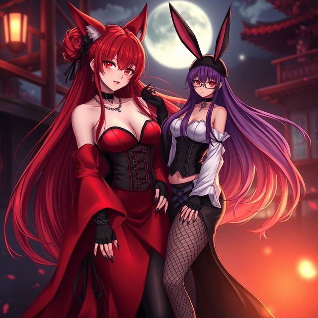 A mesmerizing scene featuring a sexy gothic anime girl Kitsune with long, luxurious red hair that flows down her back, styled with an elegant bun