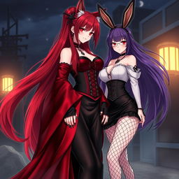 A mesmerizing scene featuring a sexy gothic anime girl Kitsune with long, luxurious red hair that flows down her back, styled with an elegant bun
