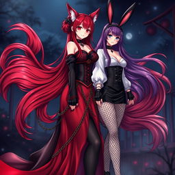 A mesmerizing scene featuring a sexy gothic anime girl Kitsune with long, luxurious red hair that flows down her back, styled with an elegant bun