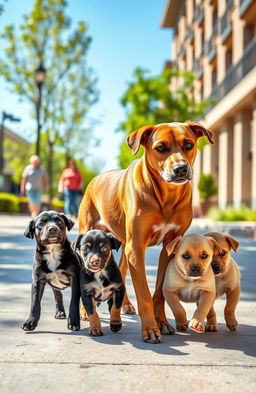 A heartwarming scene featuring a stray mother dog and her three playful puppies walking together on a sidewalk