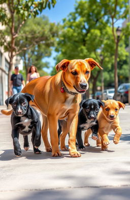 A heartwarming scene featuring a stray mother dog and her three playful puppies walking together on a sidewalk