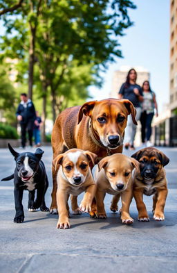 A heartwarming scene featuring a stray mother dog and her three playful puppies walking together on a sidewalk